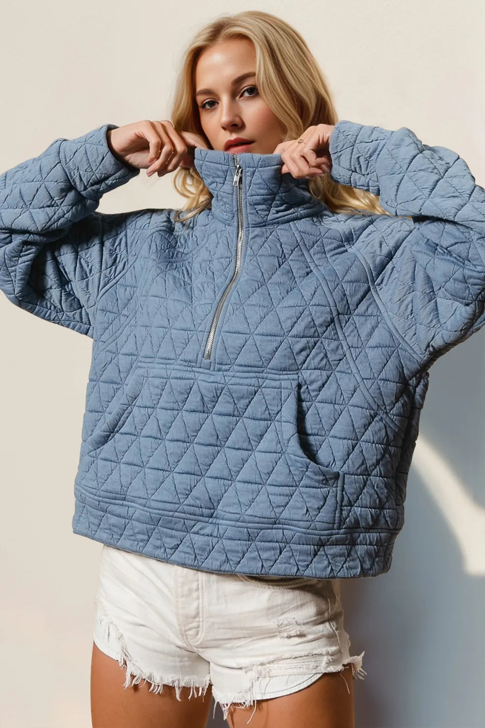 Light Blue Double Take Half Zip Long Sleeve Quilted Sweatshirt with Pocket | Sweatshirts Daverri Fashions