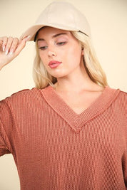 VERY J Two Tone Ribbed V-Neck Exposed Seam Top Tops