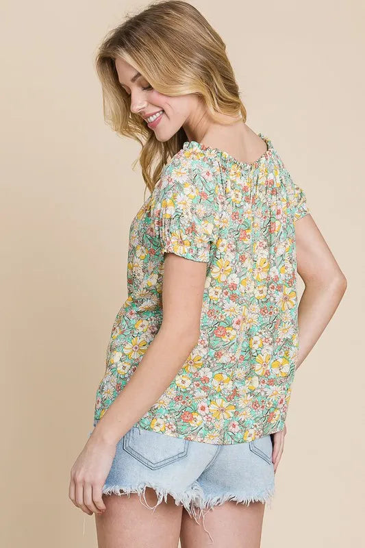 Lime 'N' Chili Floral Print Short Sleeve Off-The-Shoulder Blouse