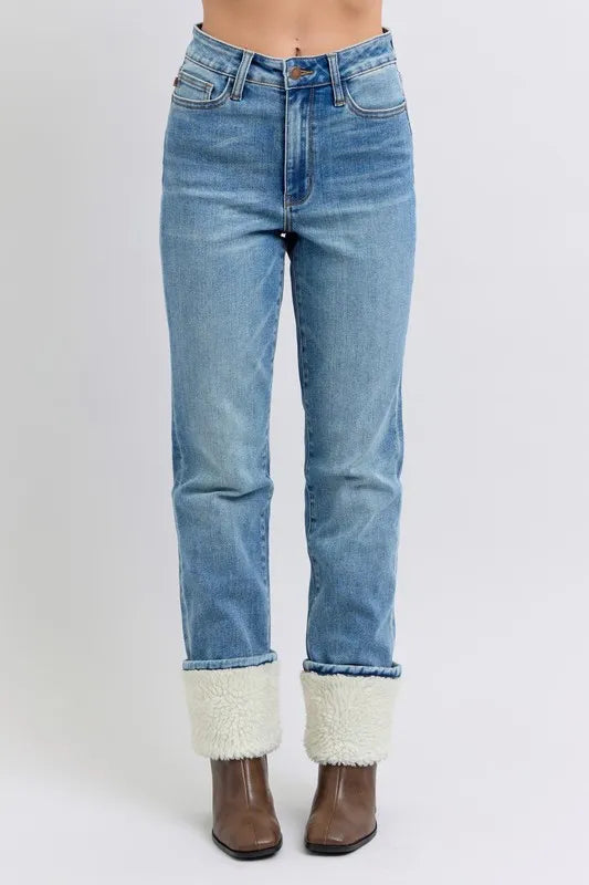 Judy Blue Full Size High Waist Shearling Cuff Straight MD Jeans
