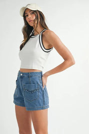 MABLE Contrast Trim Grecian Neck Cropped Tank | Crop Tops Daverri Fashions