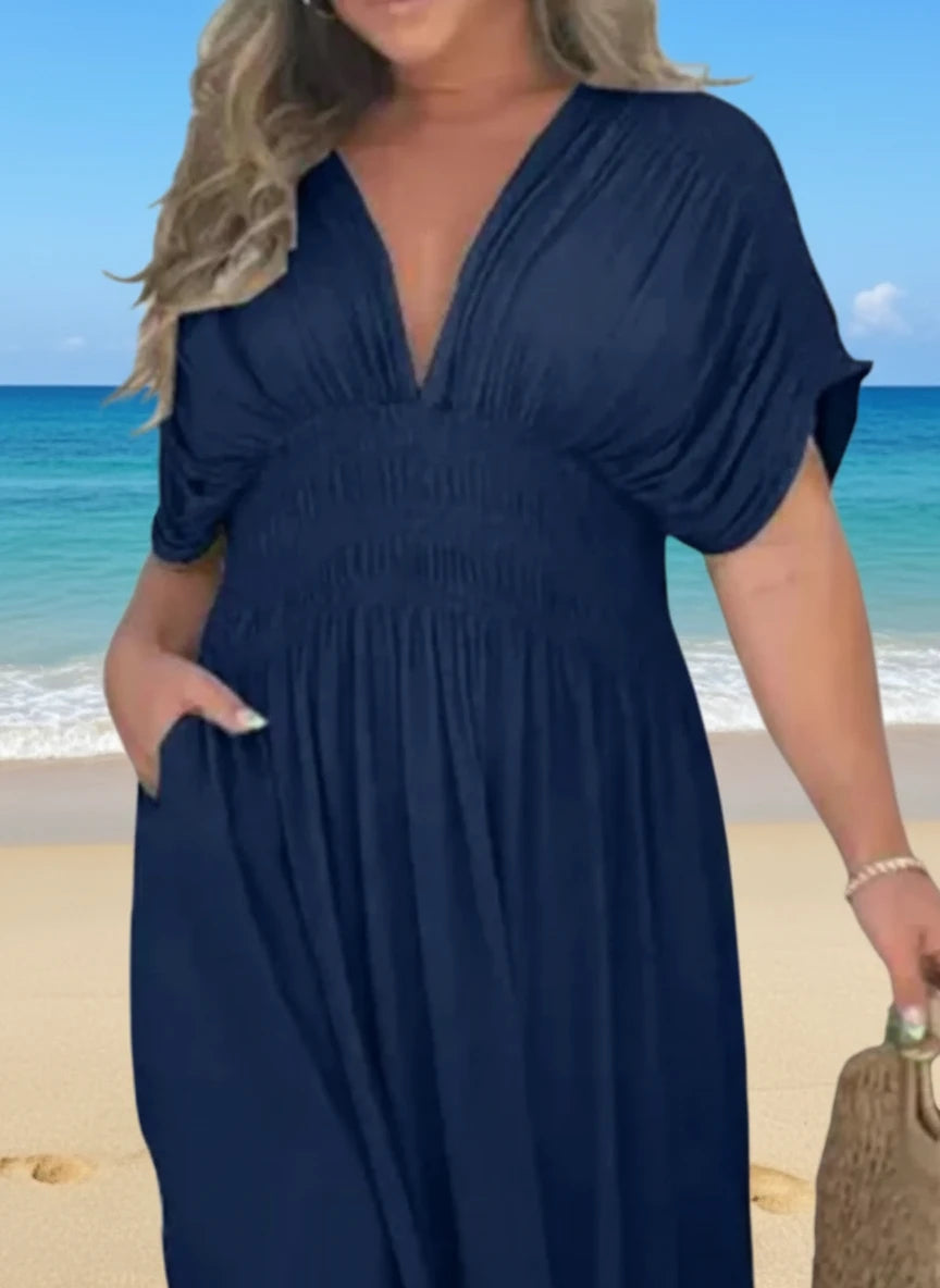 Navy blue plus-size Daverri Fashions maxi dress with V-neck and side slit