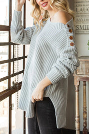 Grey ribbed off-shoulder sweater with button sleeve details