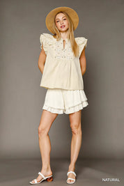 NATURAL Umgee Eyelet Embroidered Ruffle Sleeve Blouse | Daverri Fashions