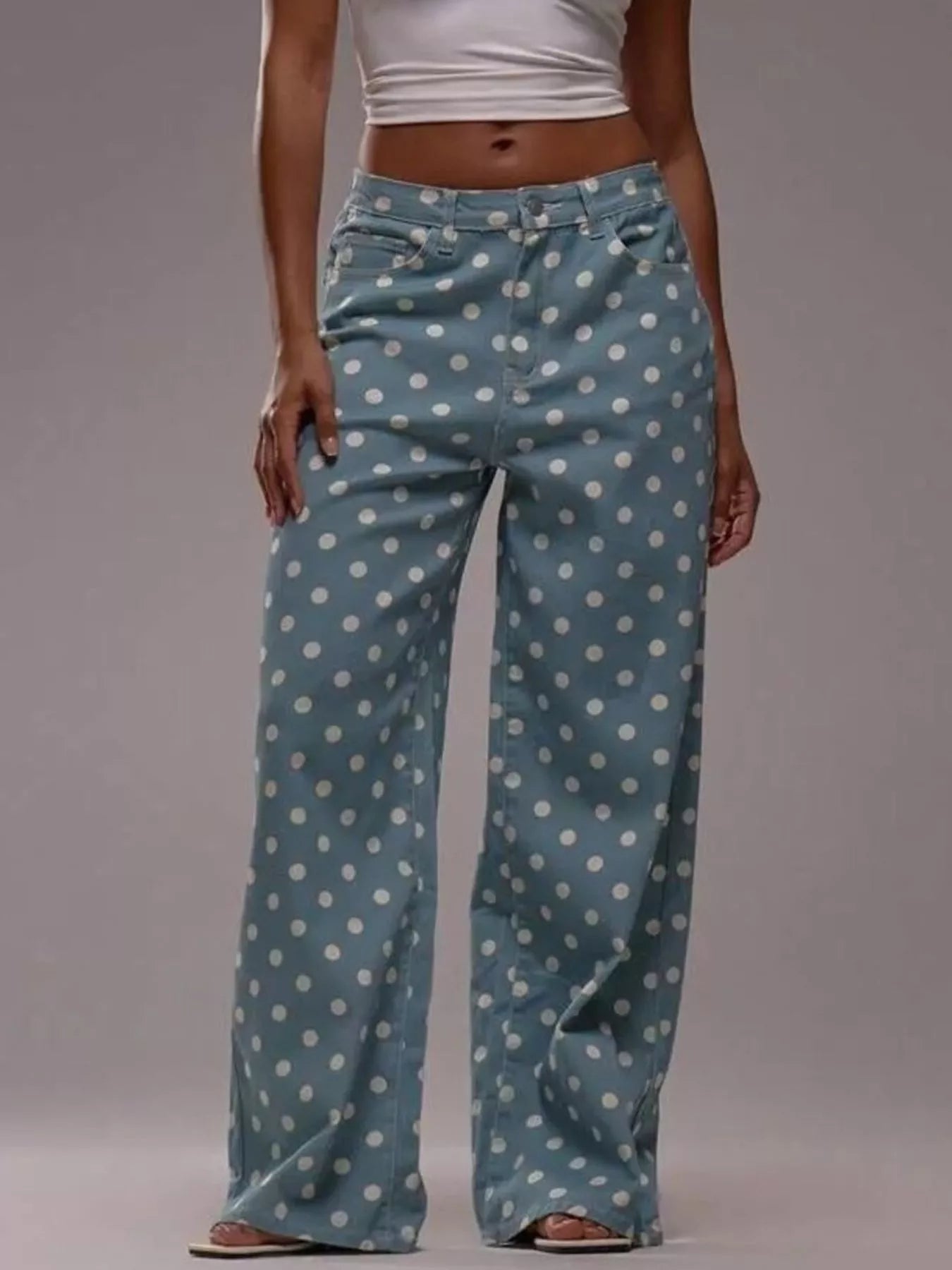 Daverri Polka Dot Wide Leg Jeans in soft teal denim with white dots
