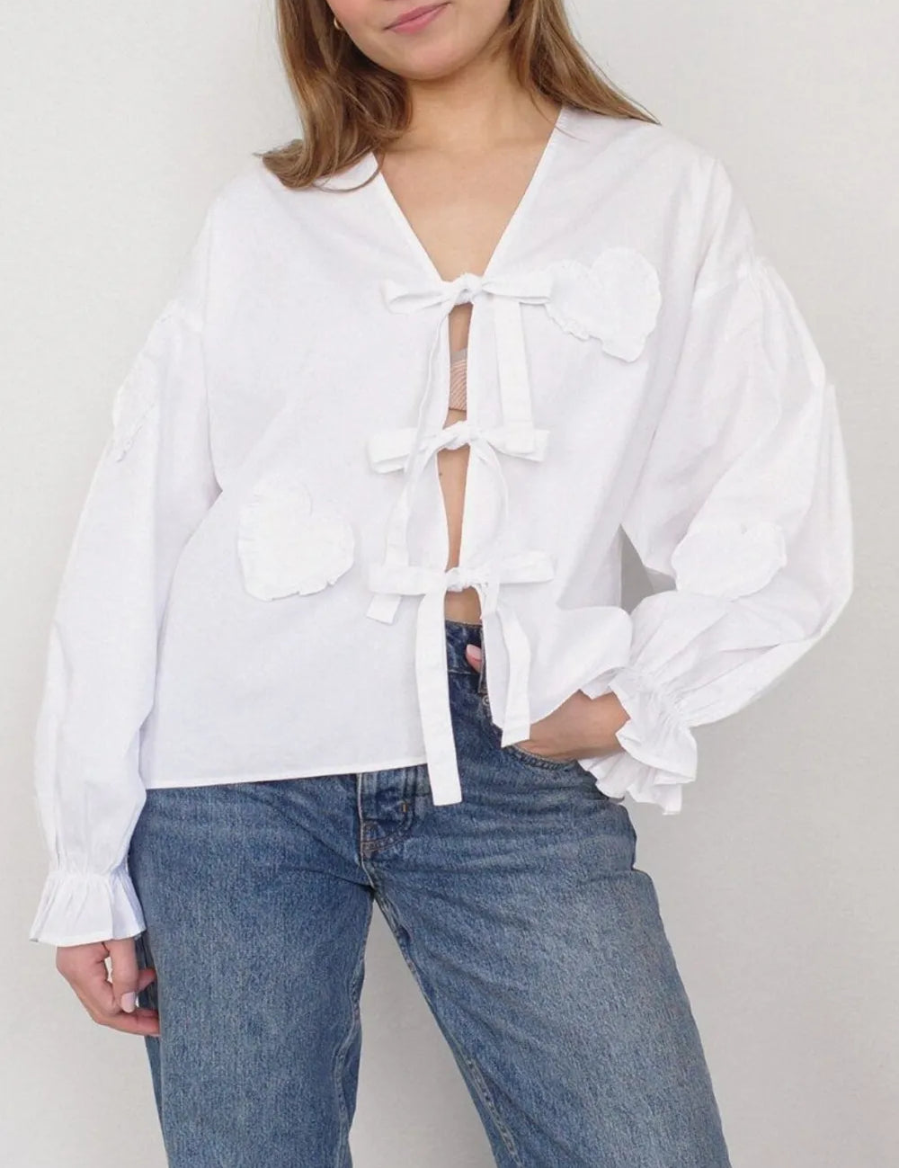 White Tied Flounce Sleeve Blouse | Blouses Daverri Fashions