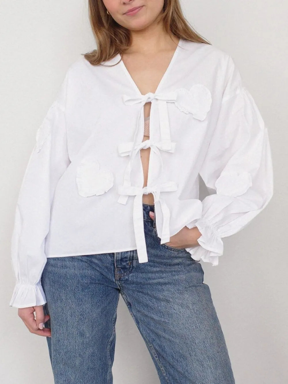 White Tied Flounce Sleeve Blouse | Blouses Daverri Fashions