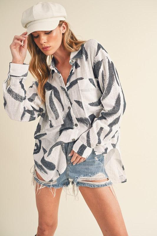 Aemi + Co High-Low Printed Button Up Long Sleeve Shirt - DAVERRI FASHIONS
