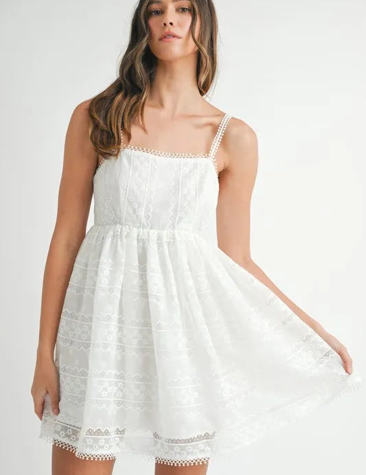 Off White MABLE Eyelet Lace Babydoll Mini Cami Dress | Mini Dresses Daverri Fashions