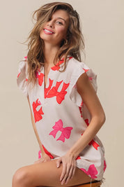 BiBi Bow Printed Woven Ruffled Sleeves V Neck Top | Tops Daverri Fashions