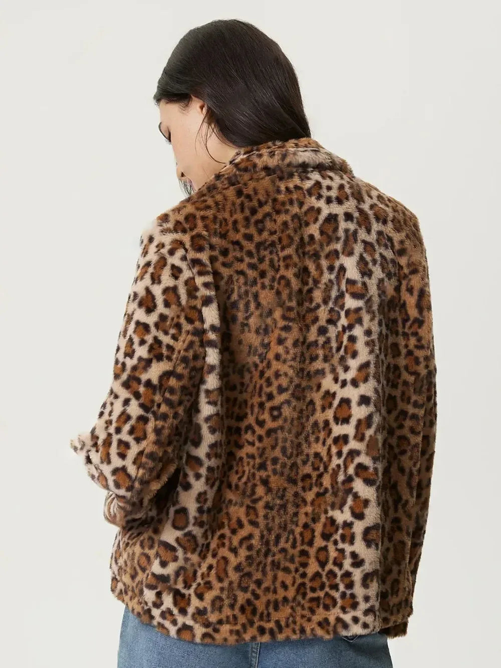 Fuzzy Leopard Collared Neck Jacket - DAVERRI FASHIONS