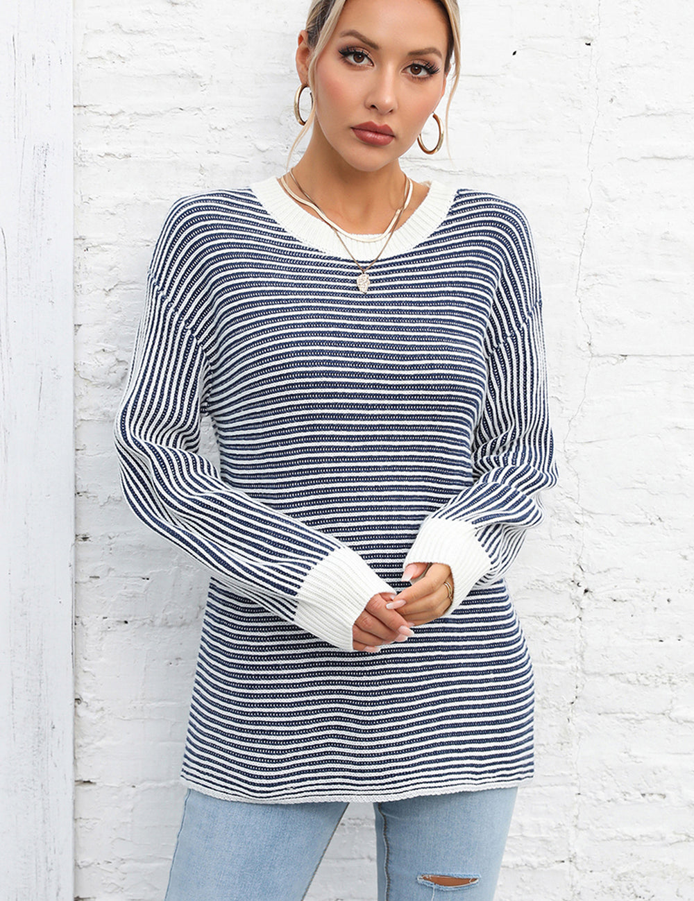 Dusty Blue Angel Wings Striped Round Neck Long Sleeve Knit Top | Sweaters Daverri Fashions