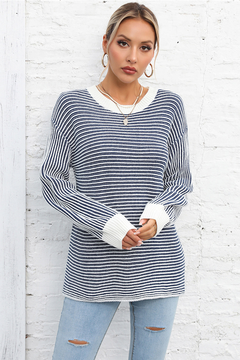 Dusty Blue Angel Wings Striped Round Neck Long Sleeve Knit Top | Sweaters Daverri Fashions