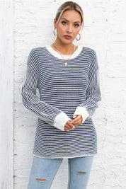 Dusty Blue Angel Wings Striped Round Neck Long Sleeve Knit Top | Sweaters Daverri Fashions