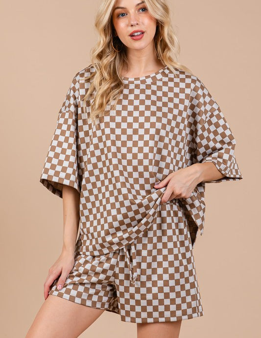 Ces Femme Checkered Round Neck Top and Shorts Set Camel