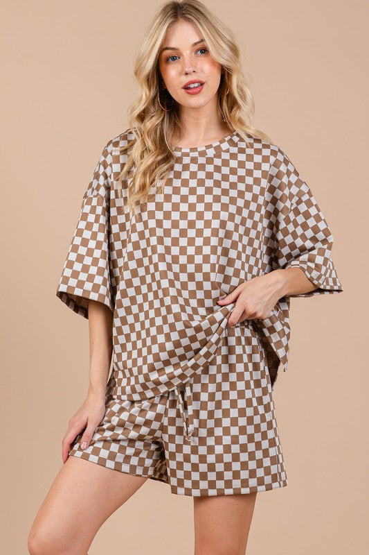 Ces Femme Checkered Round Neck Top and Shorts Set Camel