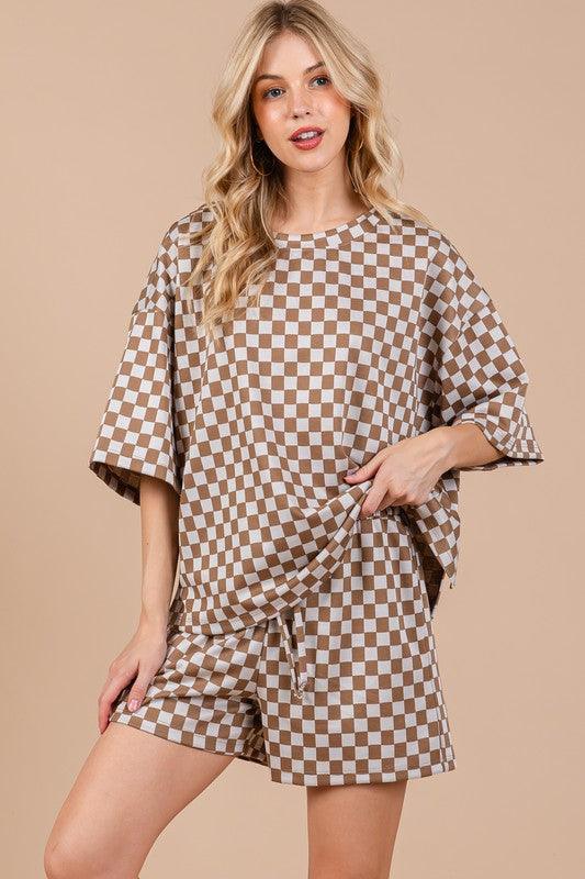 Ces Femme Checkered Round Neck Top and Shorts Set Camel Short Sets