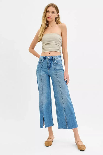 RISEN Tummy Control Mid Rise Crop Wide Front Slit Jeans - DAVERRI FASHIONS