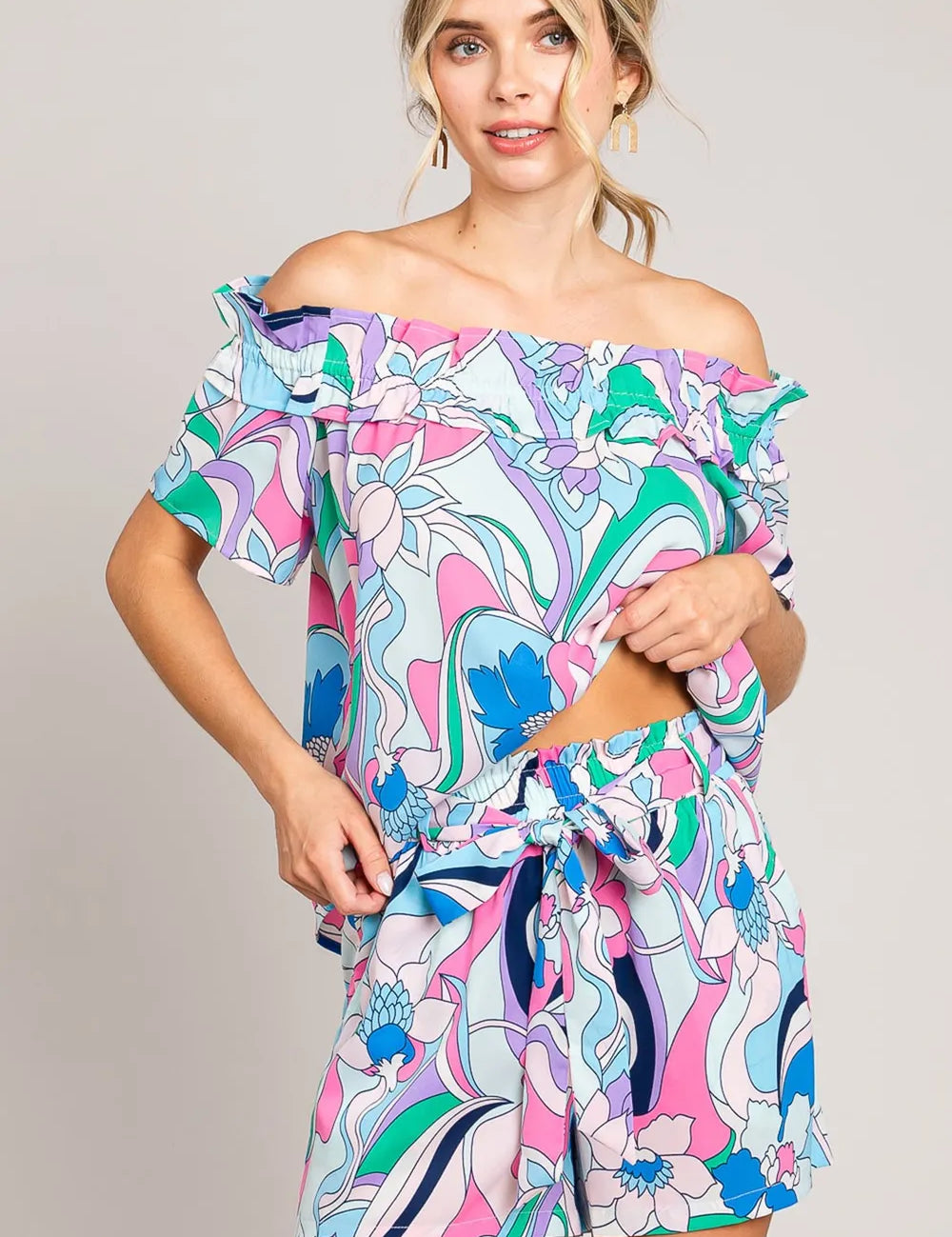 Cotton Bleu by Nu Label Abstracted Print Tie Front Shorts | Shorts Daverri Fashions