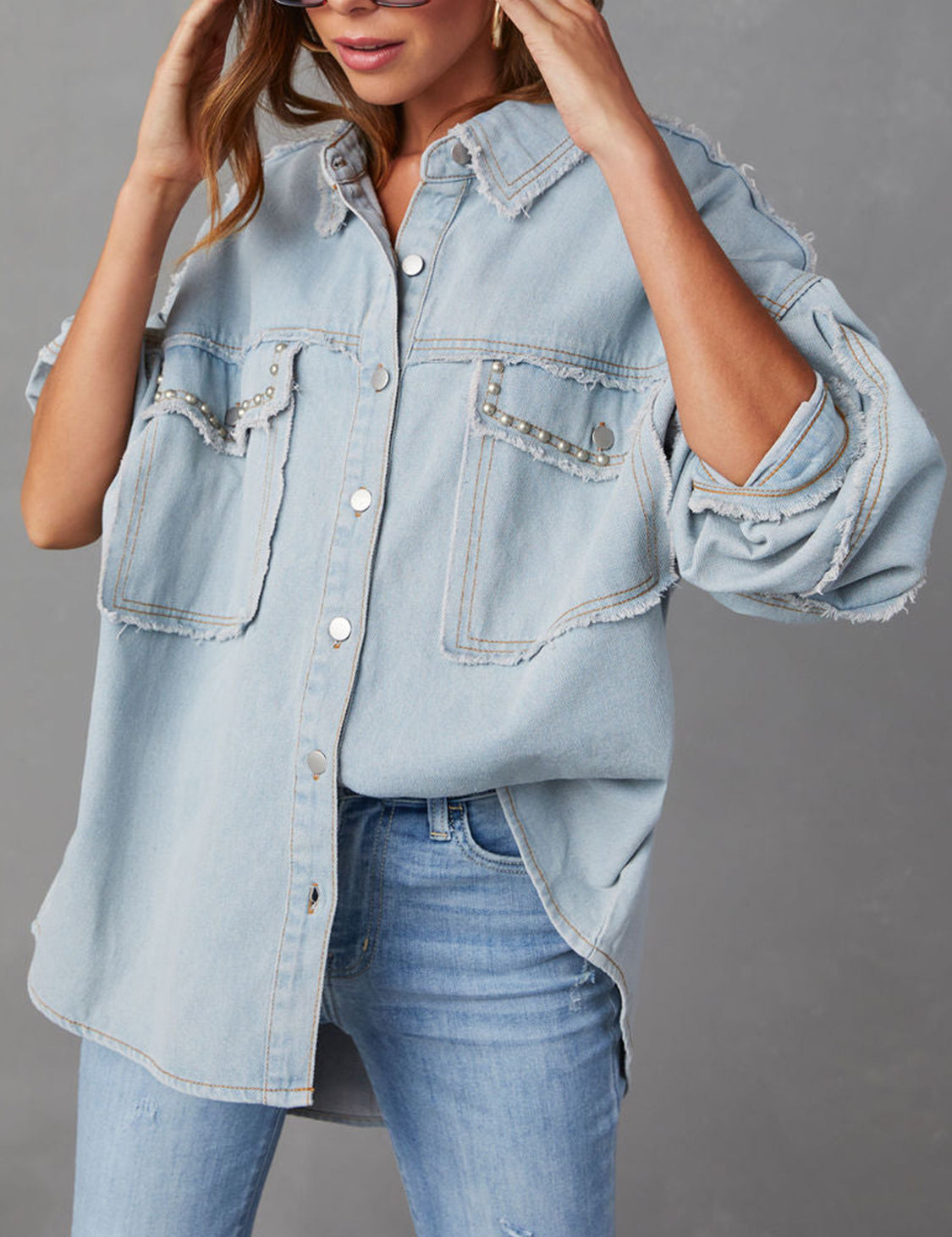 Light Blue XL Button Down Raw Hem Denim Jacket | Denim Jackets Daverri Fashions
