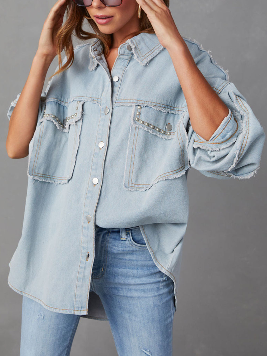 Light Blue XL Button Down Raw Hem Denim Jacket | Denim Jackets Daverri Fashions