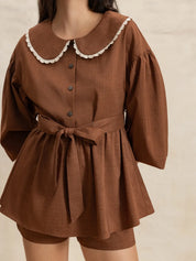 Peter Pan Collar Balloon Sleeve Top and Shorts Set | Daverri Fashions