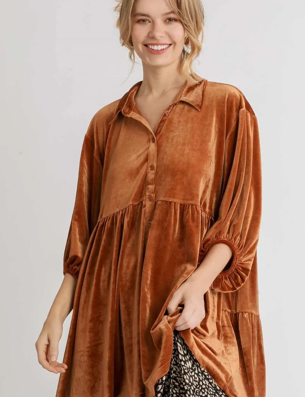 Terracotta Umgee Full Size Button Down Tiered Back High Low Shirt | Daverri Fashions