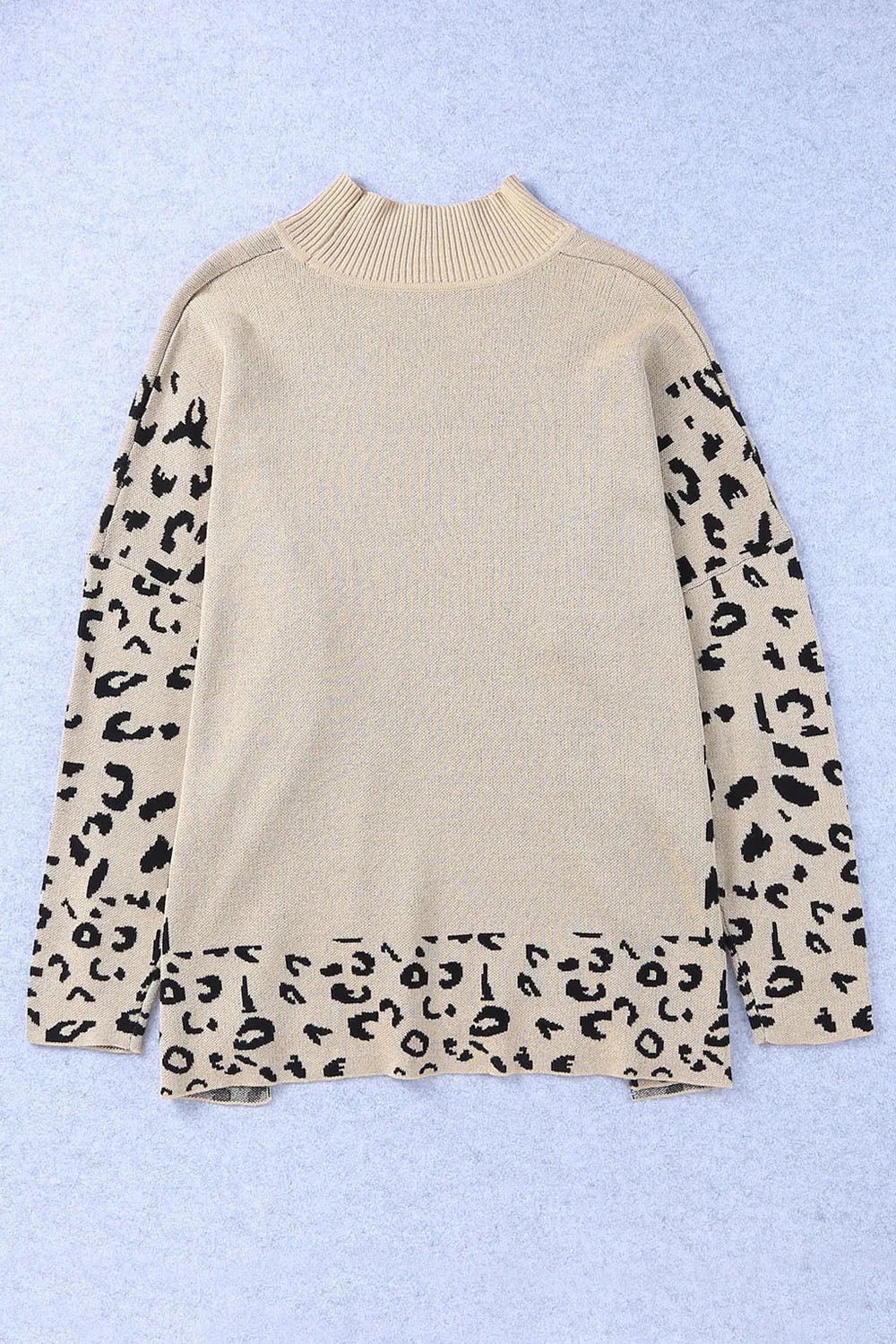 Slit Leopard Mock Neck Dropped Shoulder Sweater | Sweaters Daverri Fashions