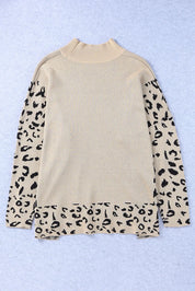Slit Leopard Mock Neck Dropped Shoulder Sweater | Sweaters Daverri Fashions