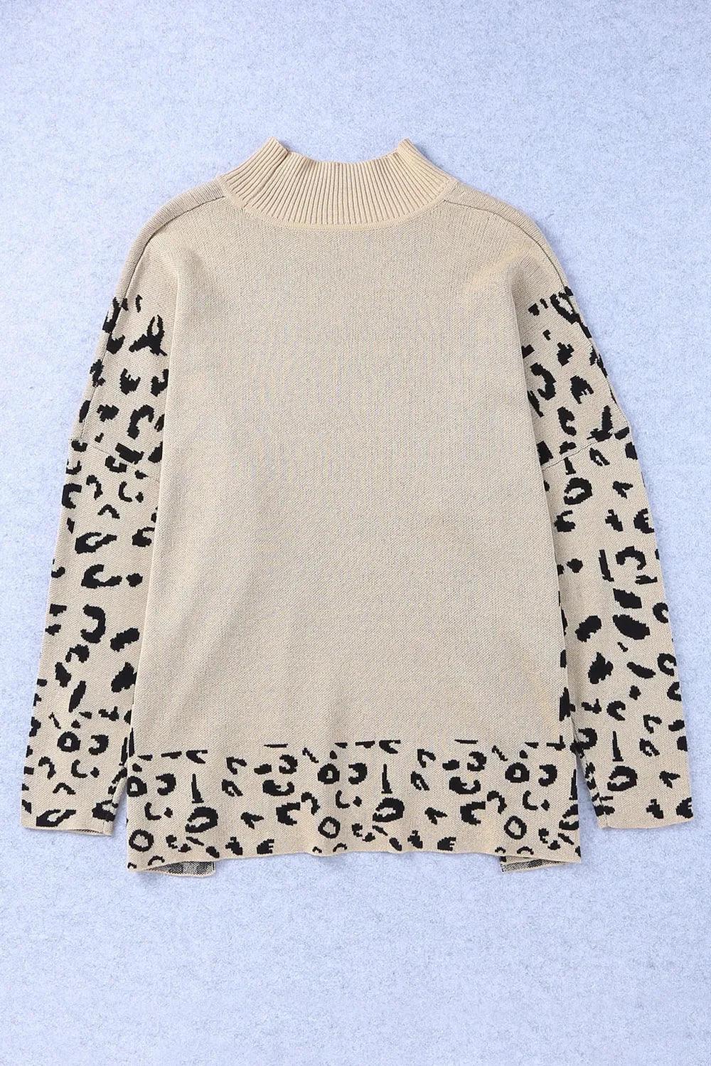 Slit Leopard Mock Neck Dropped Shoulder Sweater - DAVERRI FASHIONS