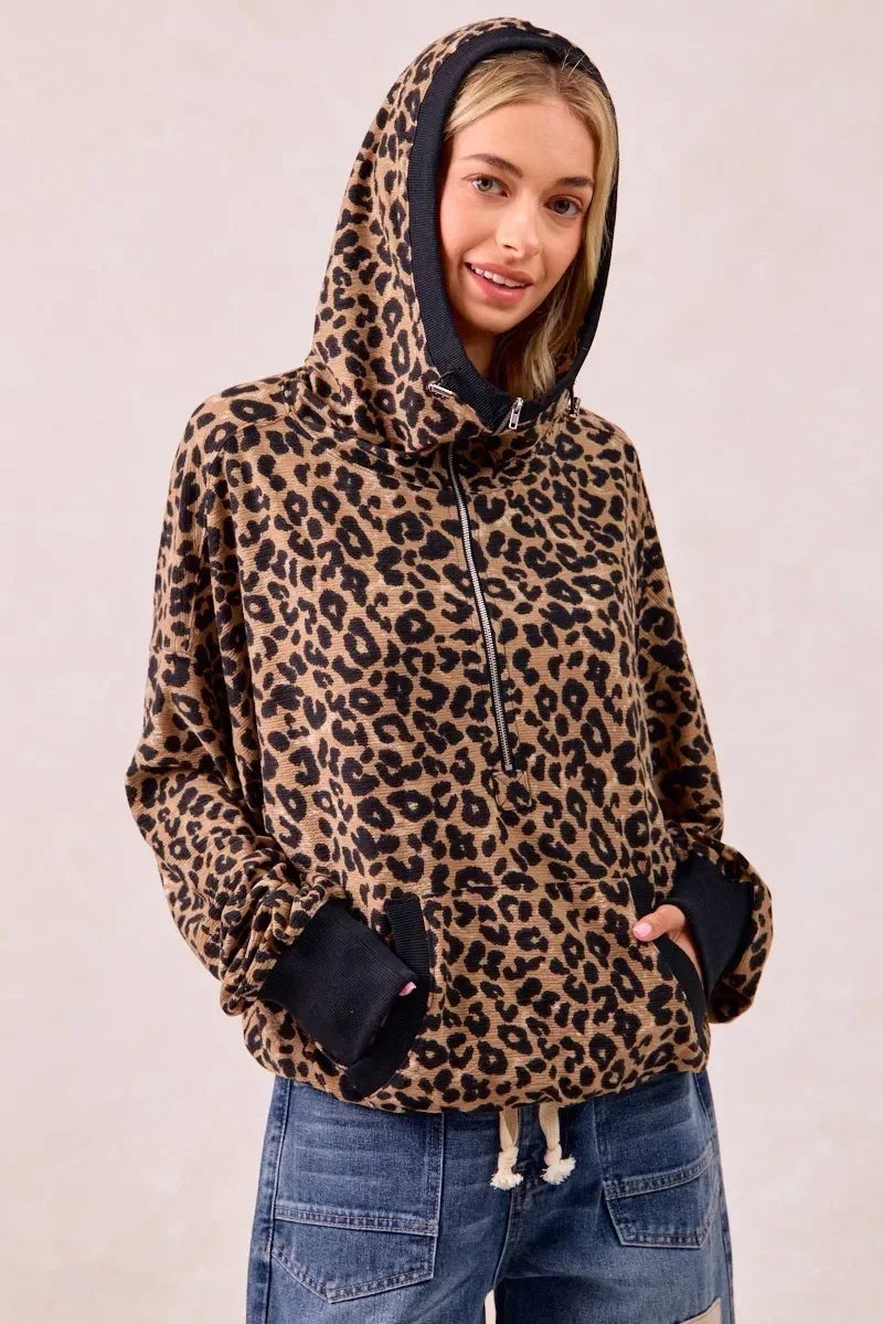 BiBi Leopard Print Waffle Half Zip Up Hoodie W Pocket - DAVERRI FASHIONS