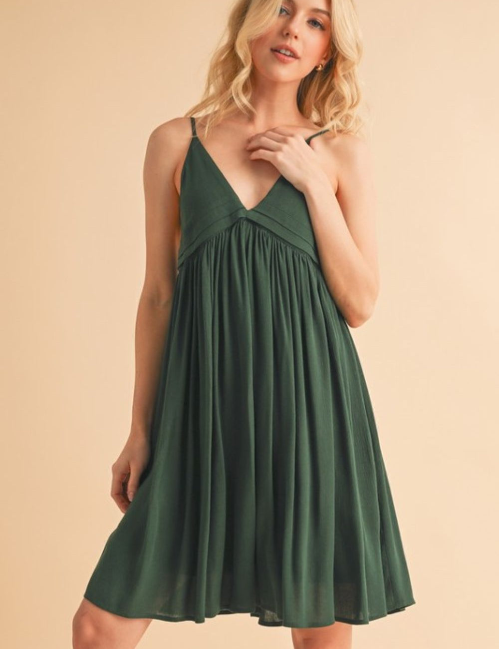 Aemi + Co Ruched Plunge Mini Cami Dress Dark Green Cami Dresses