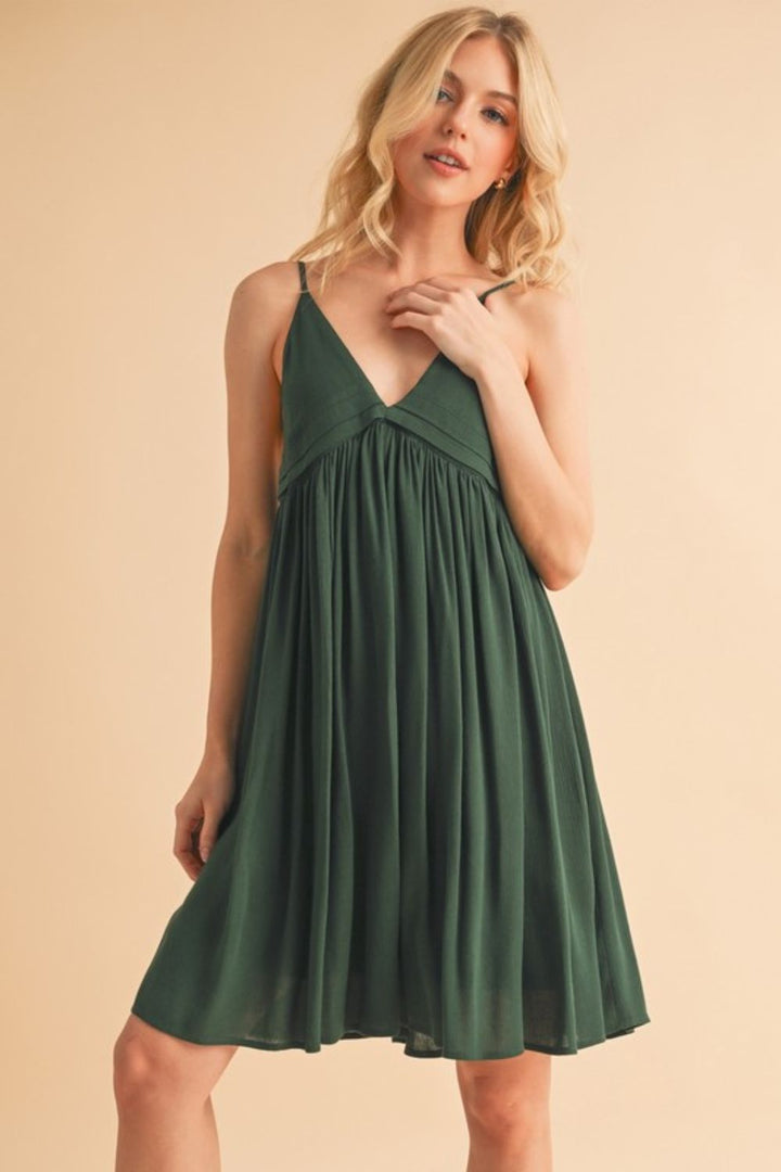 Aemi + Co Ruched Plunge Mini Cami Dress Dark Green Cami Dresses