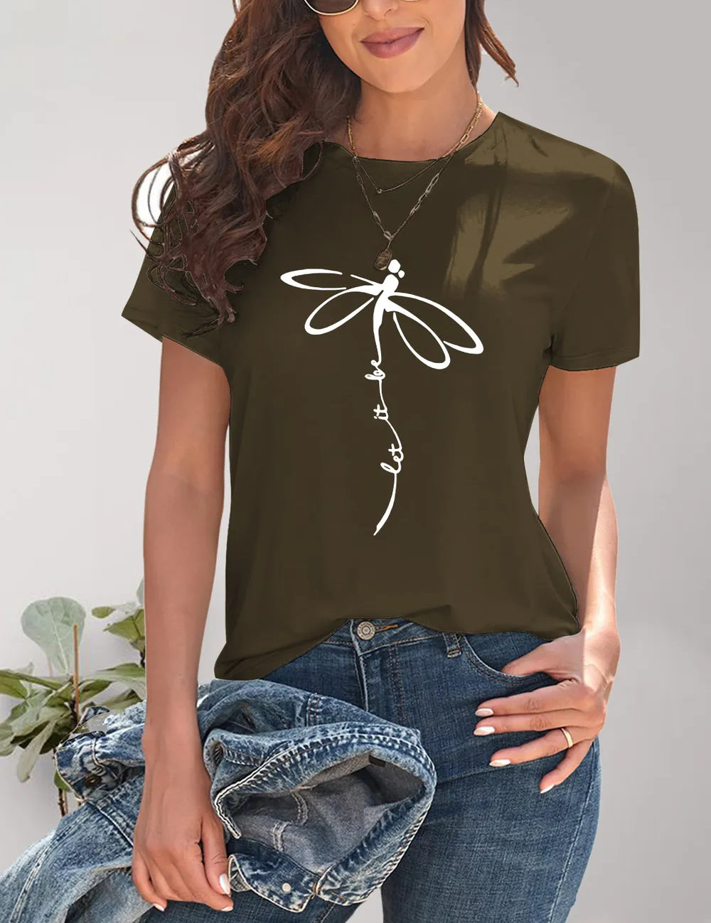 Olive green dragonfly print short sleeve round neck t-shirt