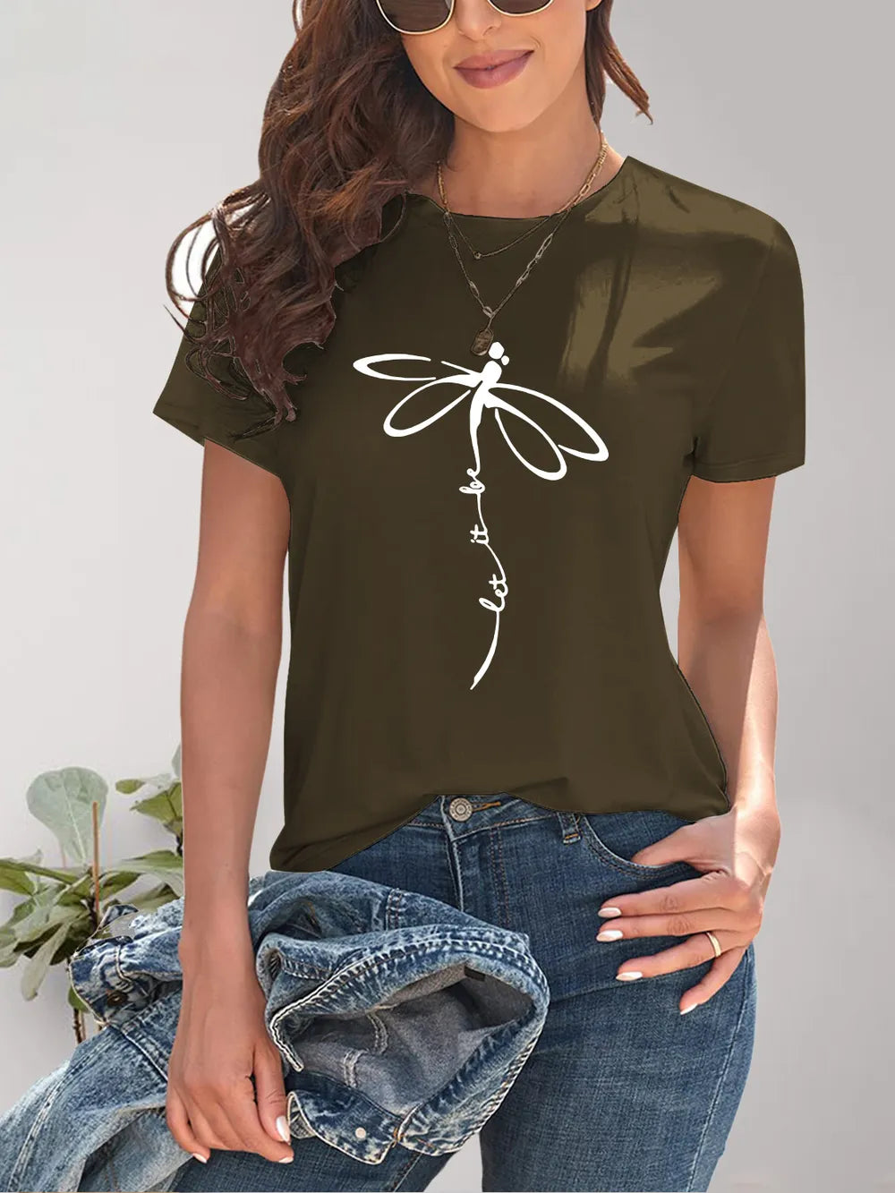 Olive green dragonfly print short sleeve round neck t-shirt