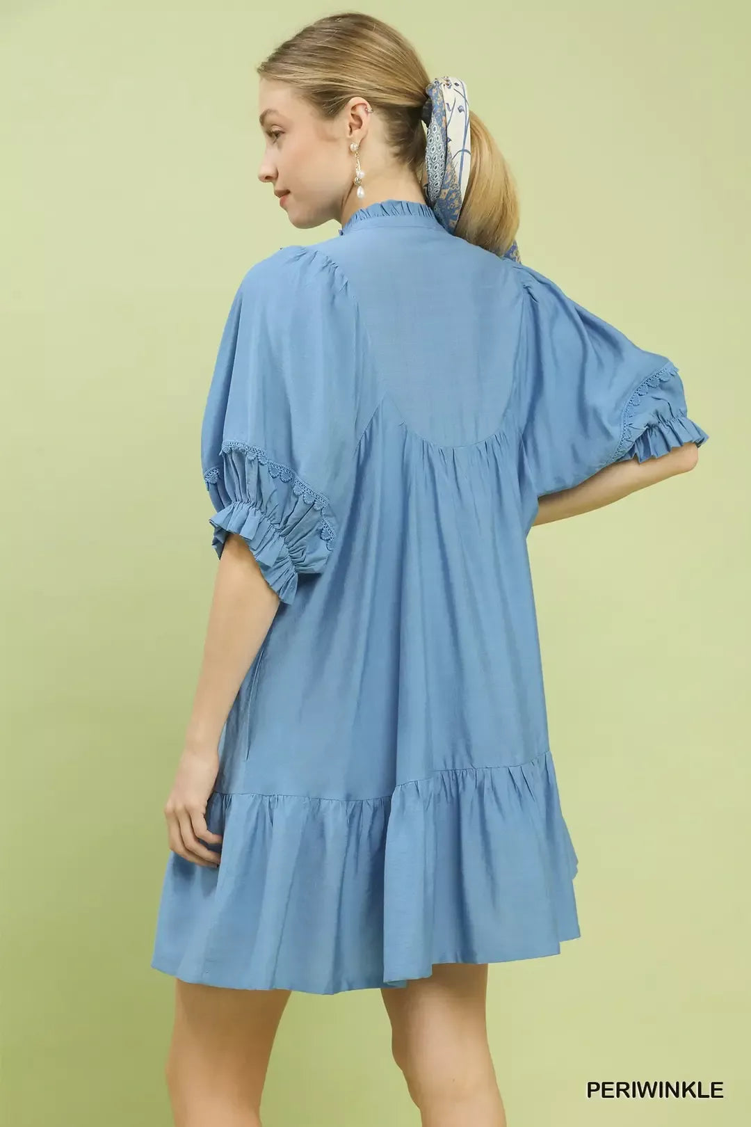 Umgee smocked bib ruffle hem babydoll dress in light blue