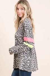 BiBi Leopard Thermal Top with Contrast Color Block | Tops Daverri Fashions