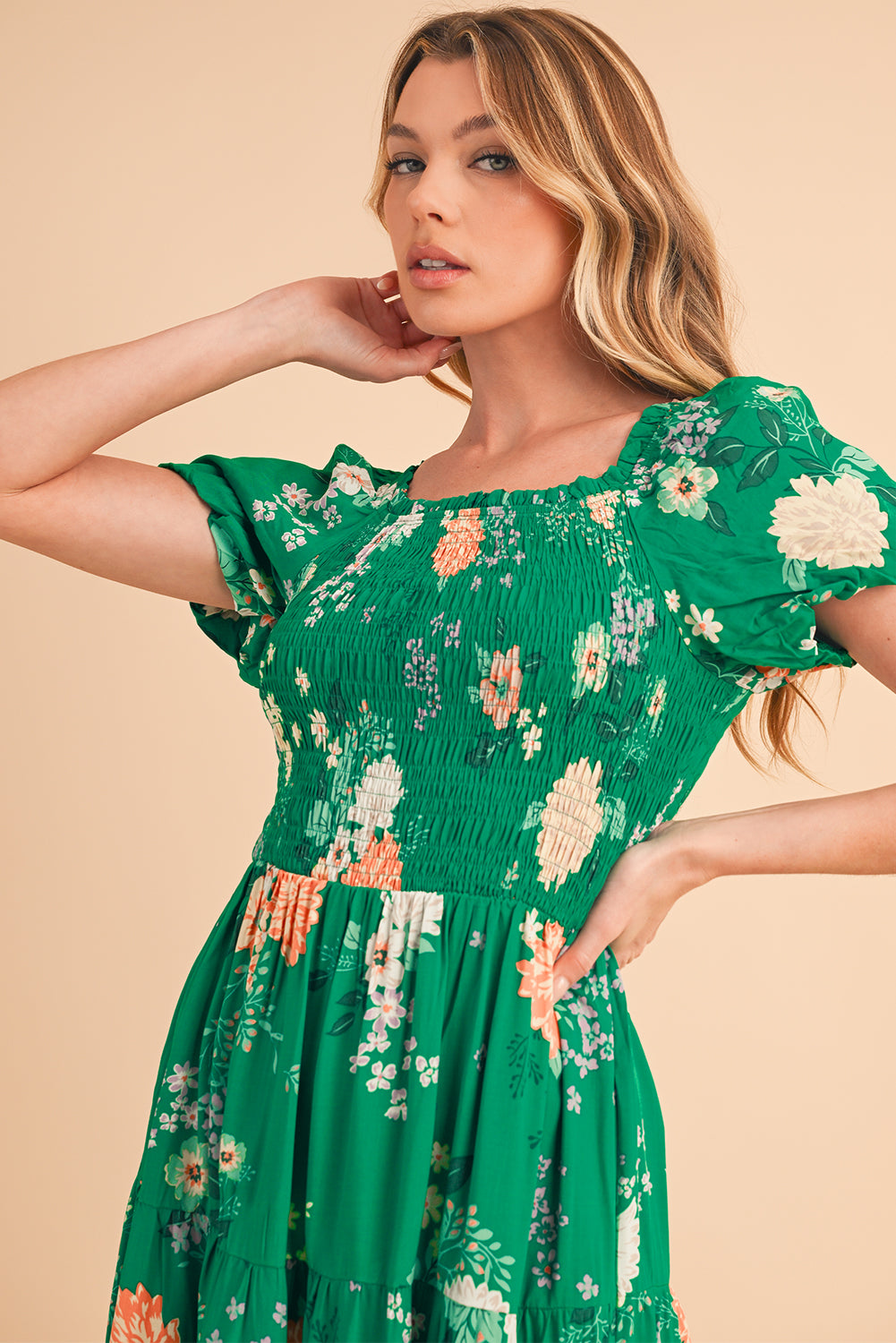 Green Floral Print Bubble Sleeve Smocked Tiered Midi Dress Midi Dresses