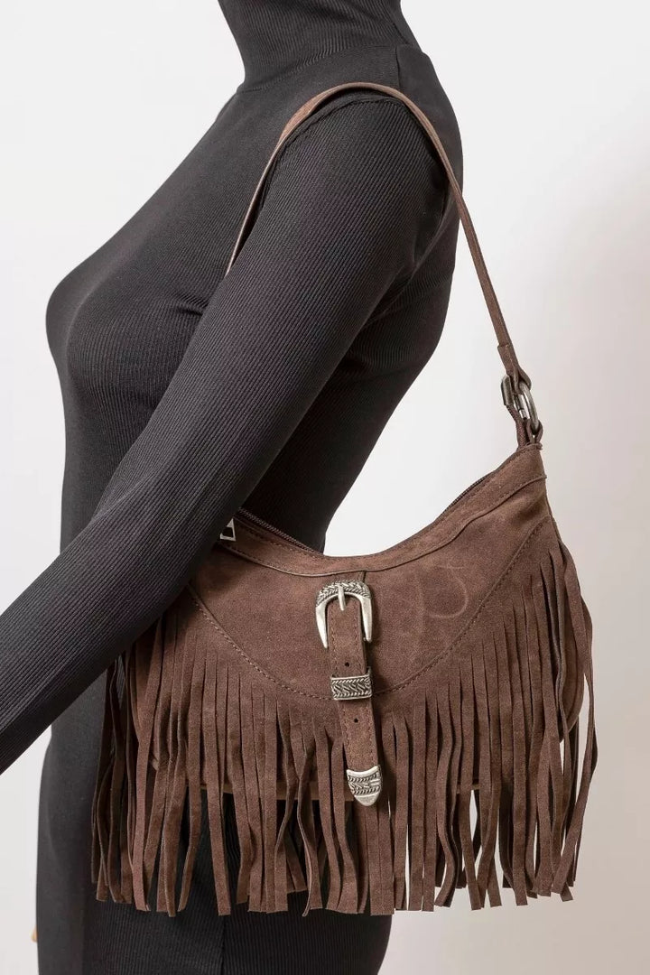 Fame Faux Suede Cascade Fringe Shoulder Bag | Handbags Daverri Fashions