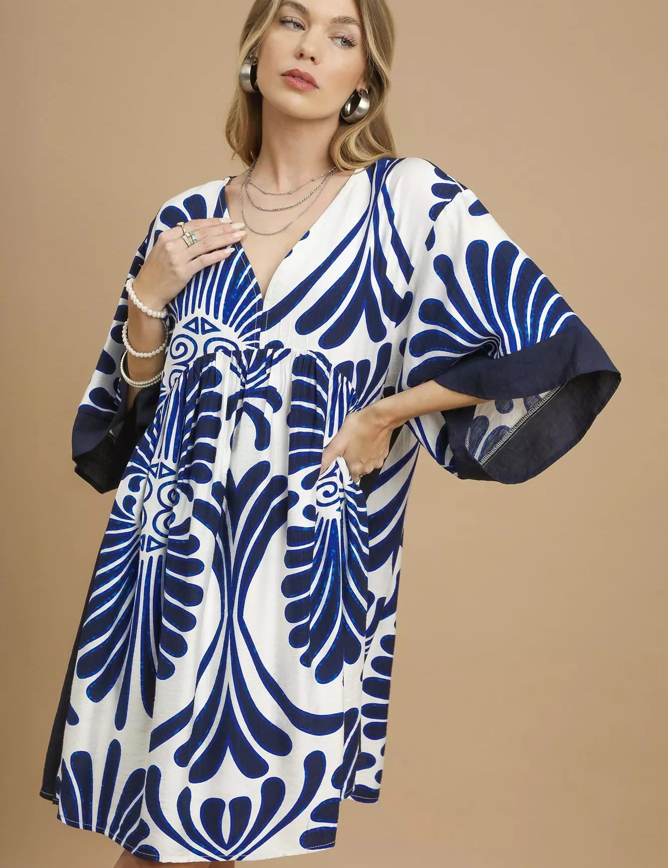 Navy Umgee Abstract Print Kimono Sleeve Mini Dress | Mini Dresses Daverri Fashions