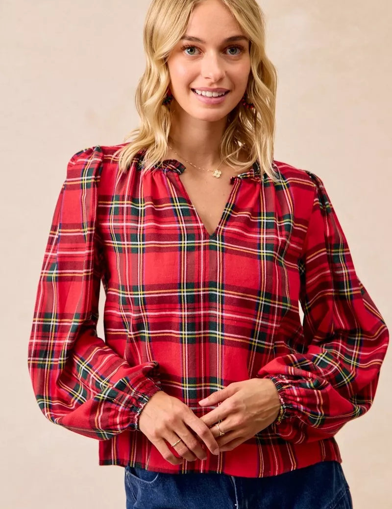 RED PLAID BiBi Christmas Plaid Balloon Sleeves Ruffled V-Neck Top | Daverri Fashions