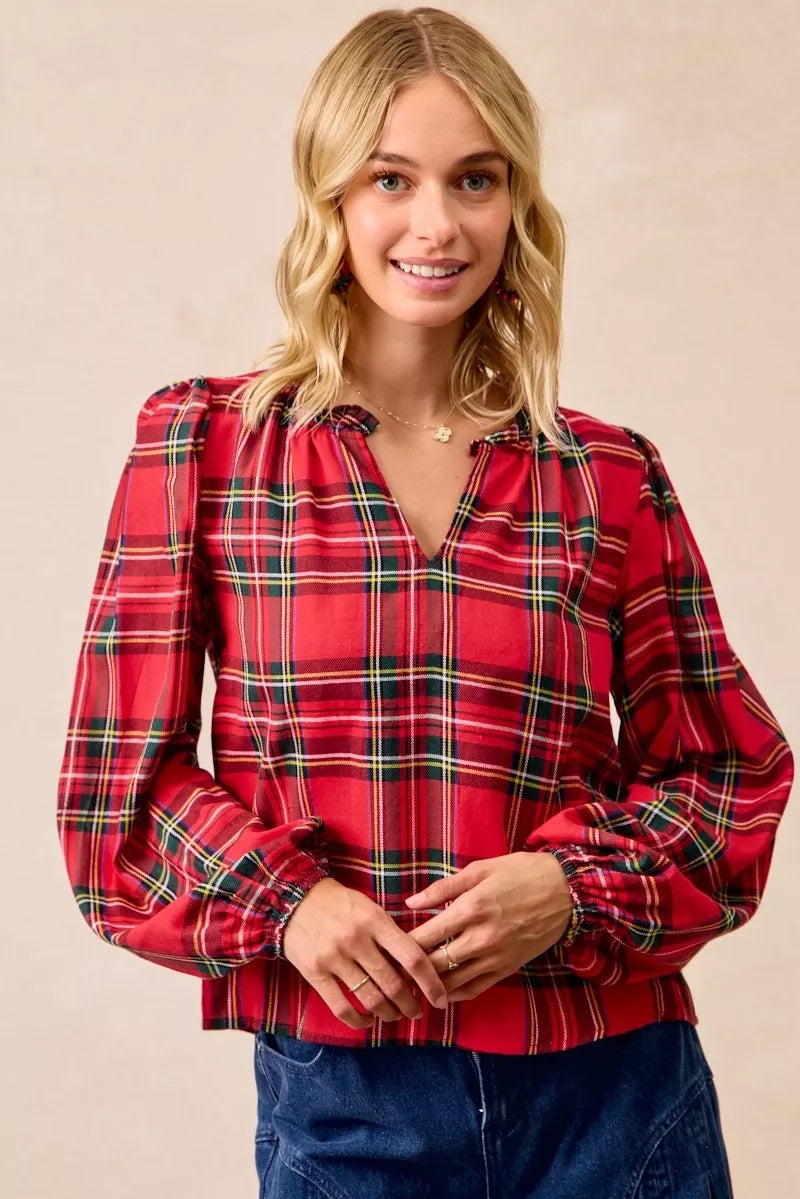 RED PLAID BiBi Christmas Plaid Balloon Sleeves Ruffled V-Neck Top | Daverri Fashions