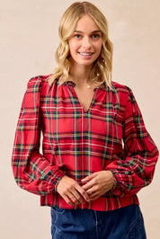 RED PLAID BiBi Christmas Plaid Balloon Sleeves Ruffled V-Neck Top | Daverri Fashions