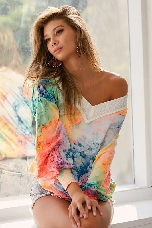 BiBi Tie Dye Soft Knit Jersey V-Neck Top Tops
