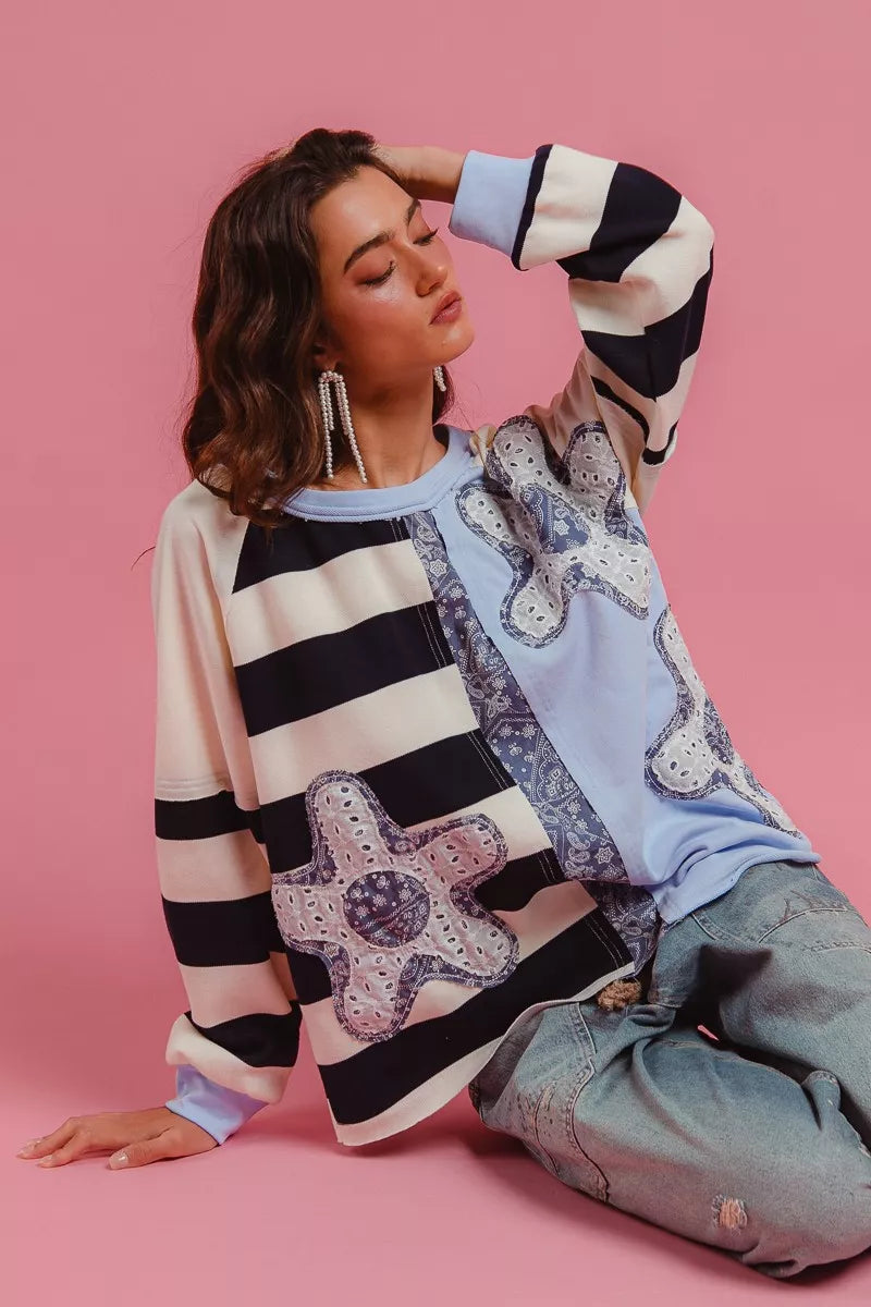 BiBi Patchwork Striped Round Neck Sweatshirt with bold stripes and paisley