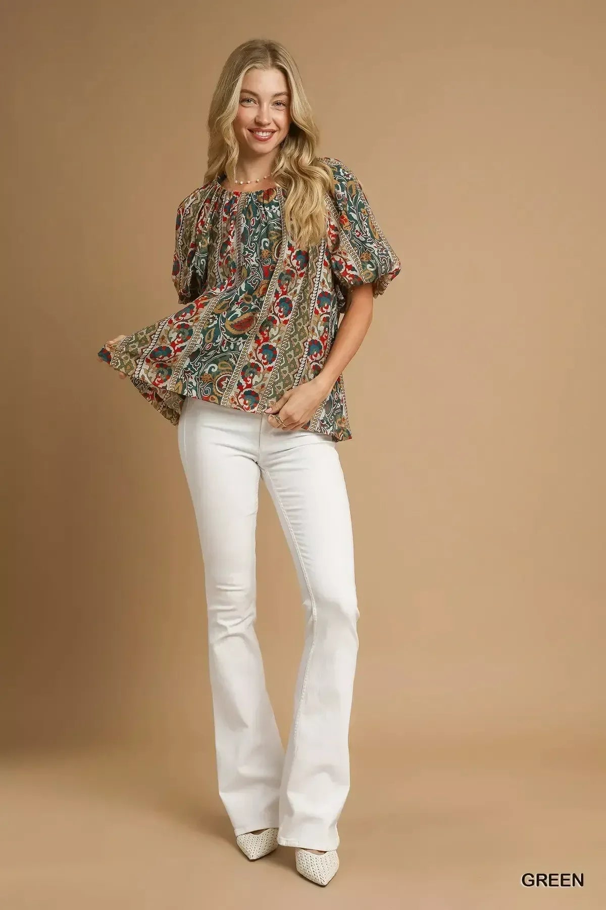 Umgee Boho Floral Stripe Puff Sleeve Blouse - DAVERRI FASHIONS