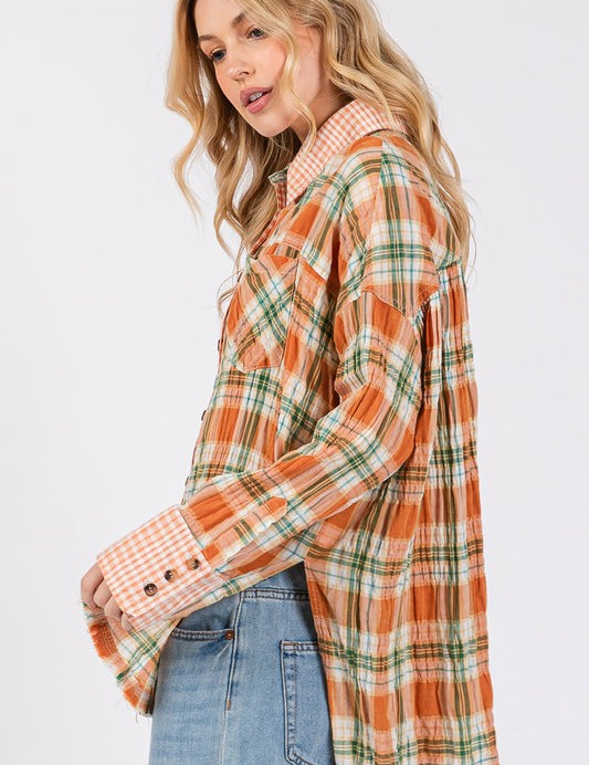 SAGE + FIG Side Slit Plaid Button Down Long Sleeve Shirt Shirts