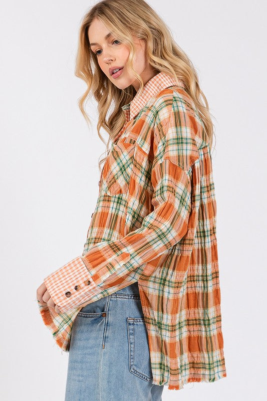 SAGE + FIG Side Slit Plaid Button Down Long Sleeve Shirt Shirts