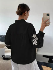 Daverri Fashions Embroidered Notched Long Sleeve Blouse - DAVERRI FASHIONS