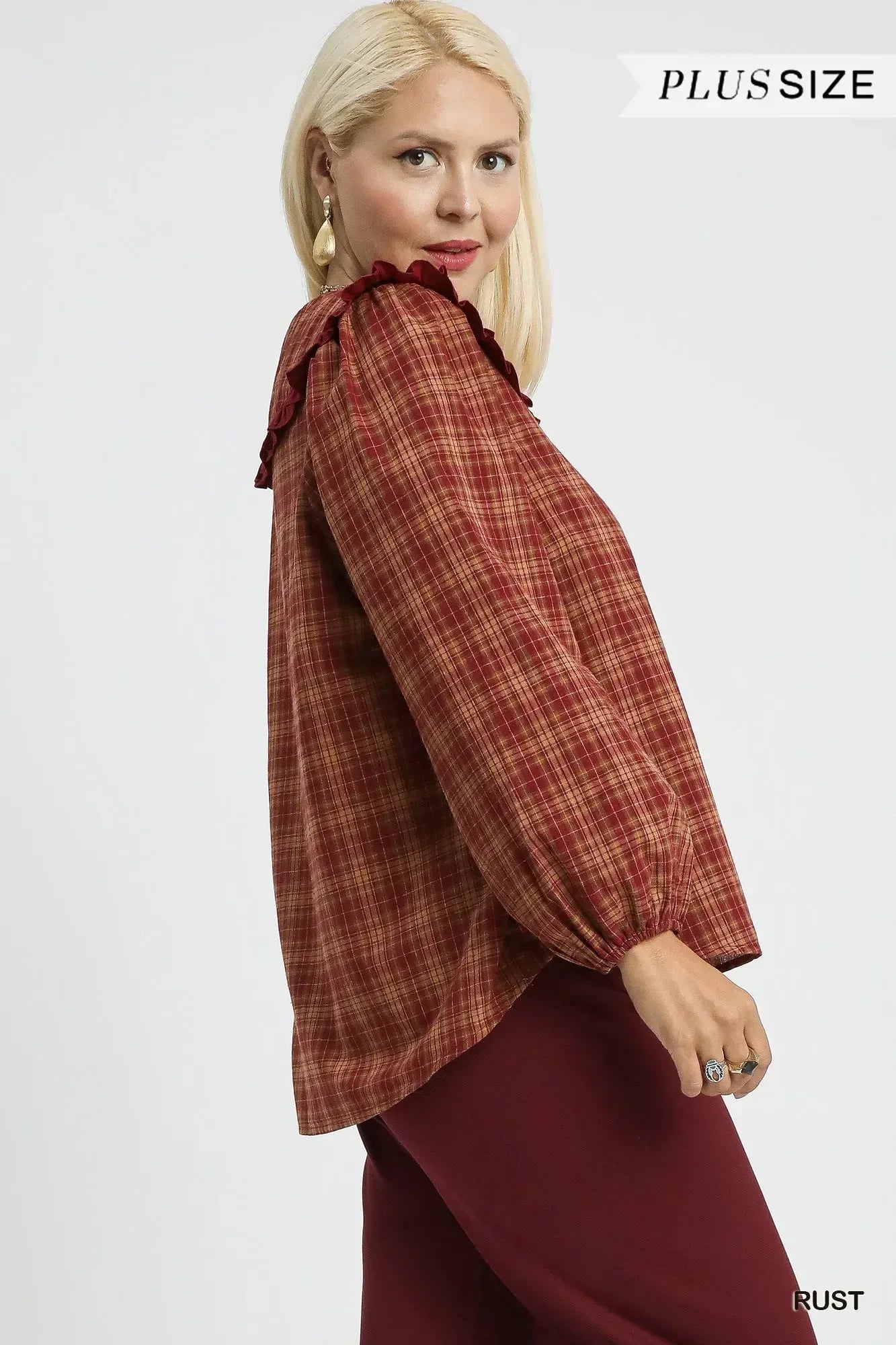 Umgee Full Size Plaid Ruffle Collar Blouse Plus Size - DAVERRI FASHIONS